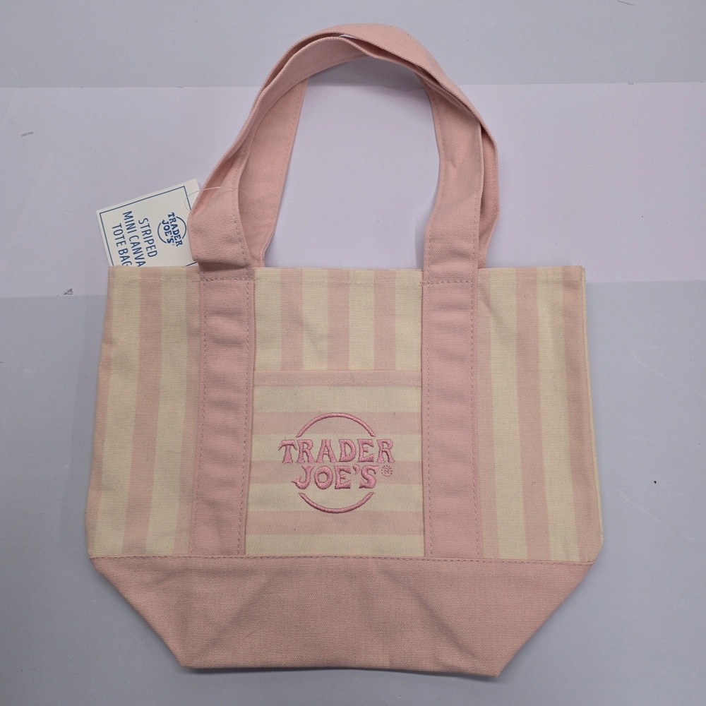 Trader Joes Striped Mini Canvas Tote Bag Pink Cream Limited Edition Grocery Bag
